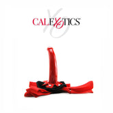 The image features the Sophia's Red Rider Strap-On Harness and Dong by CalExotics, a red strap-on dildo with adjustable straps paired with a black harness. The Universal Harness is displayed underneath the product. Above it, the "CalExotics" logo stands out against a plain white background.